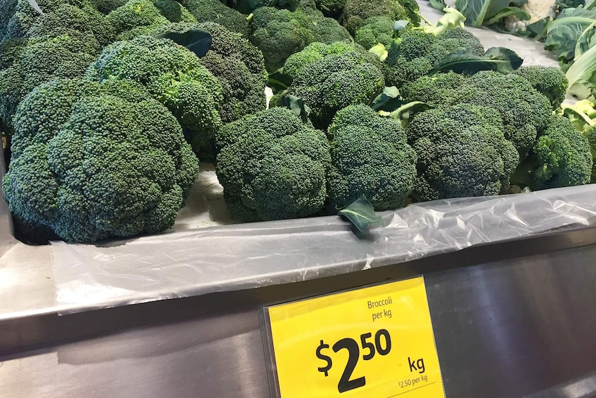 Broccoli on display for sale in supermarket in south-east Queensland.