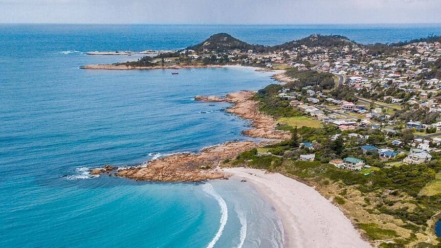 Aerial photo of coastline at Bicheno, Tasmania.