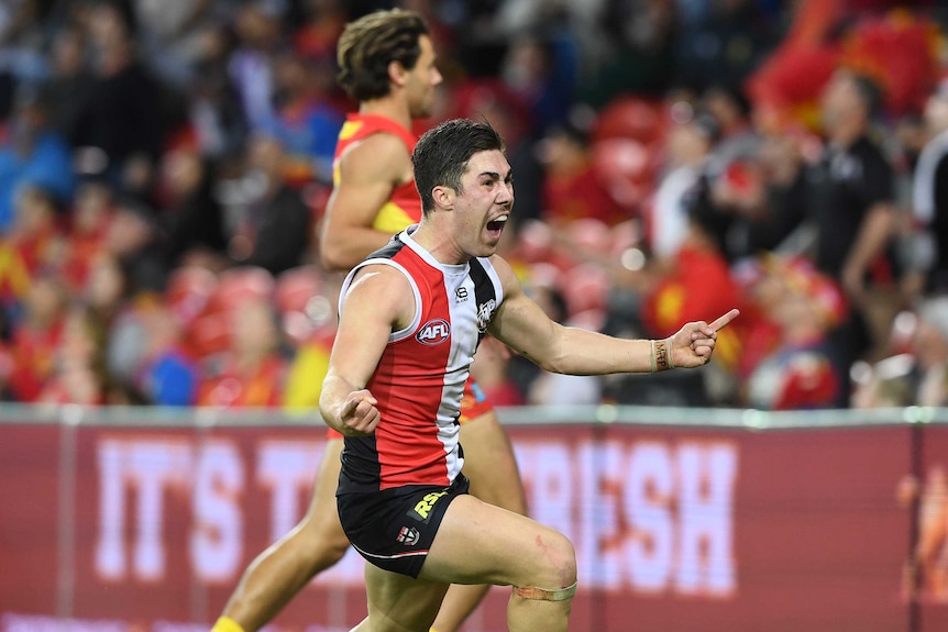 Jade Gresham of the Saints reacts after kicking the winning goal against the Suns.