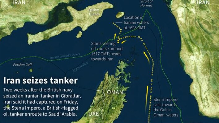 A map of the Strait of Hormuz tracking where the tanker went