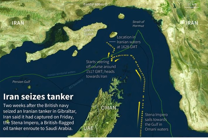 A map of the Strait of Hormuz tracking where the tanker went