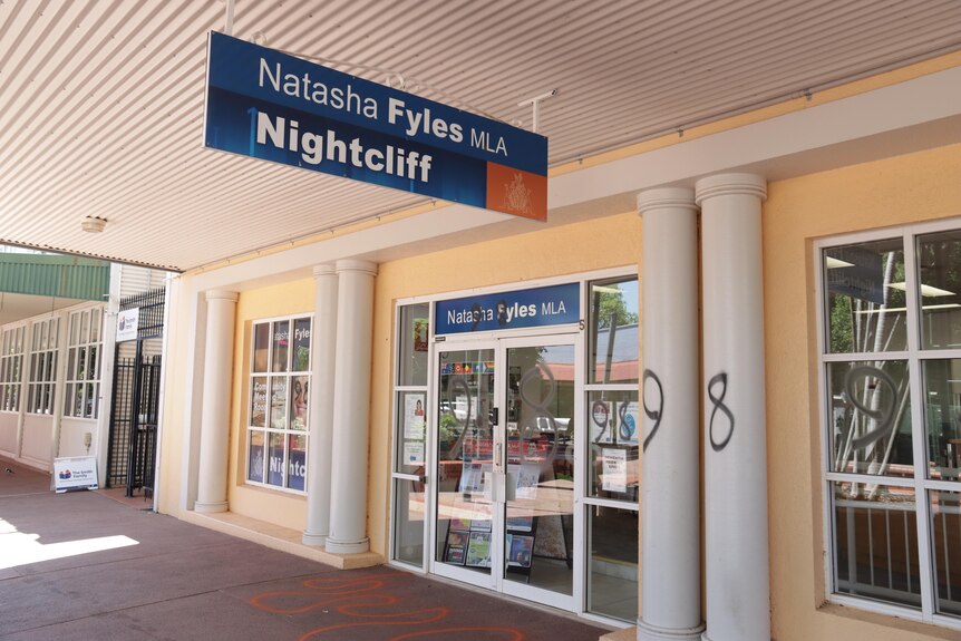 Natasha Fyles's electorate office. The numbers 9 and 8 are spray-painted on the front.