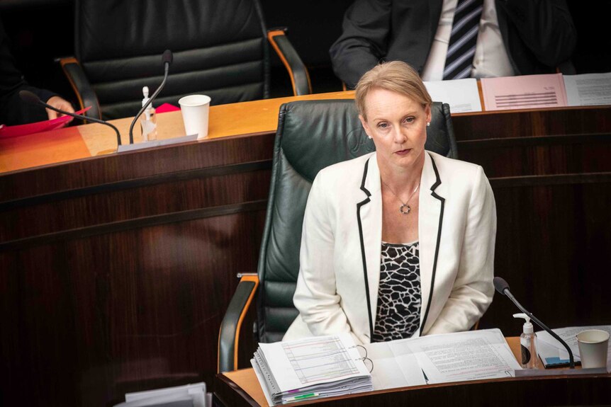 A blonde haired woman in a suit sits in parliament