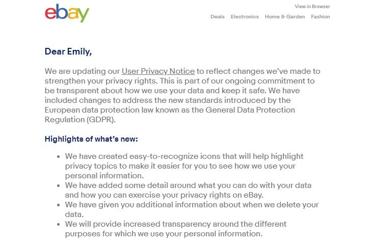 An image of ebay's new privacy notice under Europe's new General Data Protection Regulation (GDPR).
