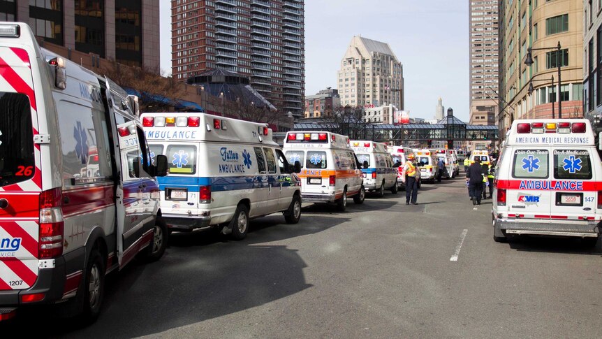 Ambulances line the street at the Boston Marathon.