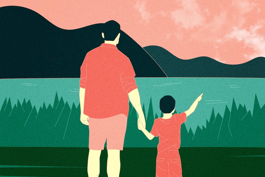 An illustration shows a father and child staring out at a lake
