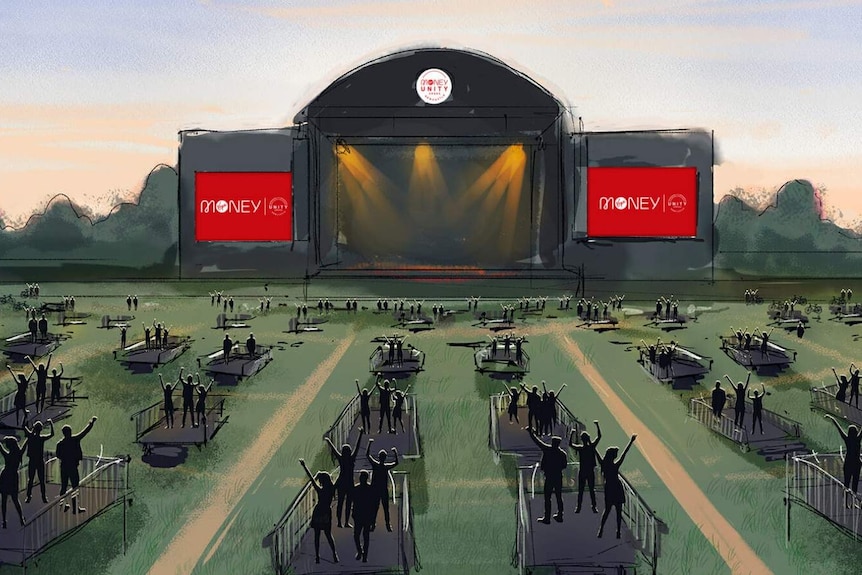 A painting of dozens of platforms, each holding a handful of people, in front of an outdoor concert stage.