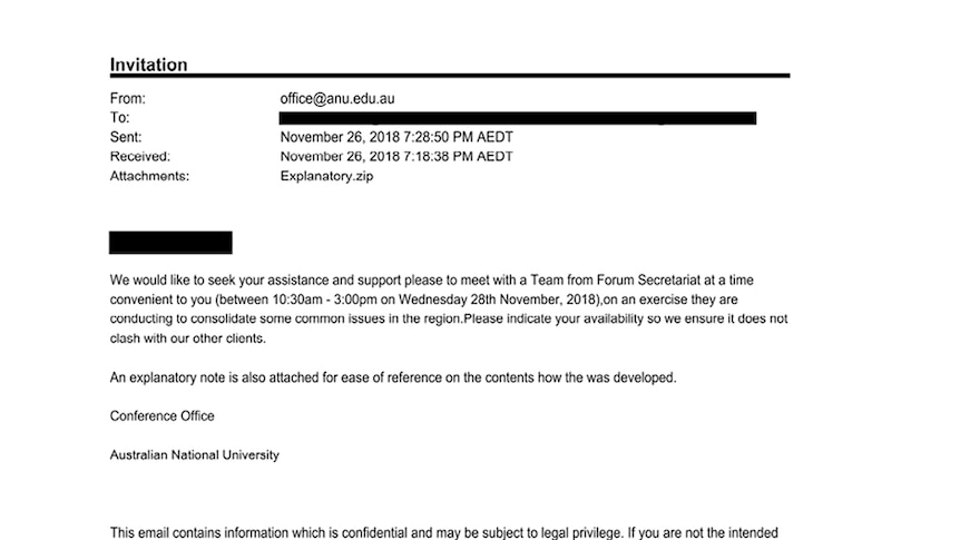 Spear phishing email sent to ANU staff inviting them to provide support on common issues in the region.