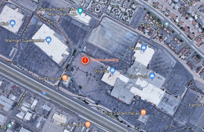 A map shows the El Paso Walmart and the Cielo Vista Mall across the road