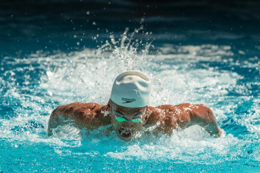 A man swims butterfly towards the camera.