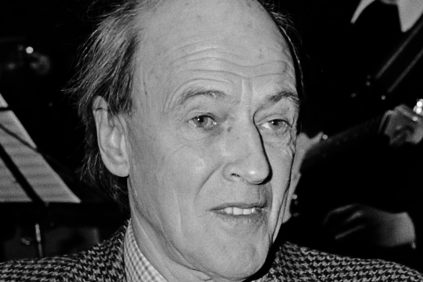 Roald Dahl wearing a dark suit and tie.