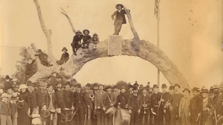An 1887 photo of Proclamation Day celebrations at the Old Gum Tree