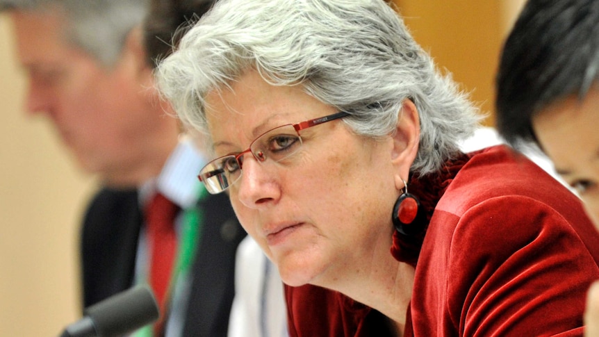 A tight side-on head shot of Robyn Kruk wearing glasses and a red top during a Senate inquiry hearing.