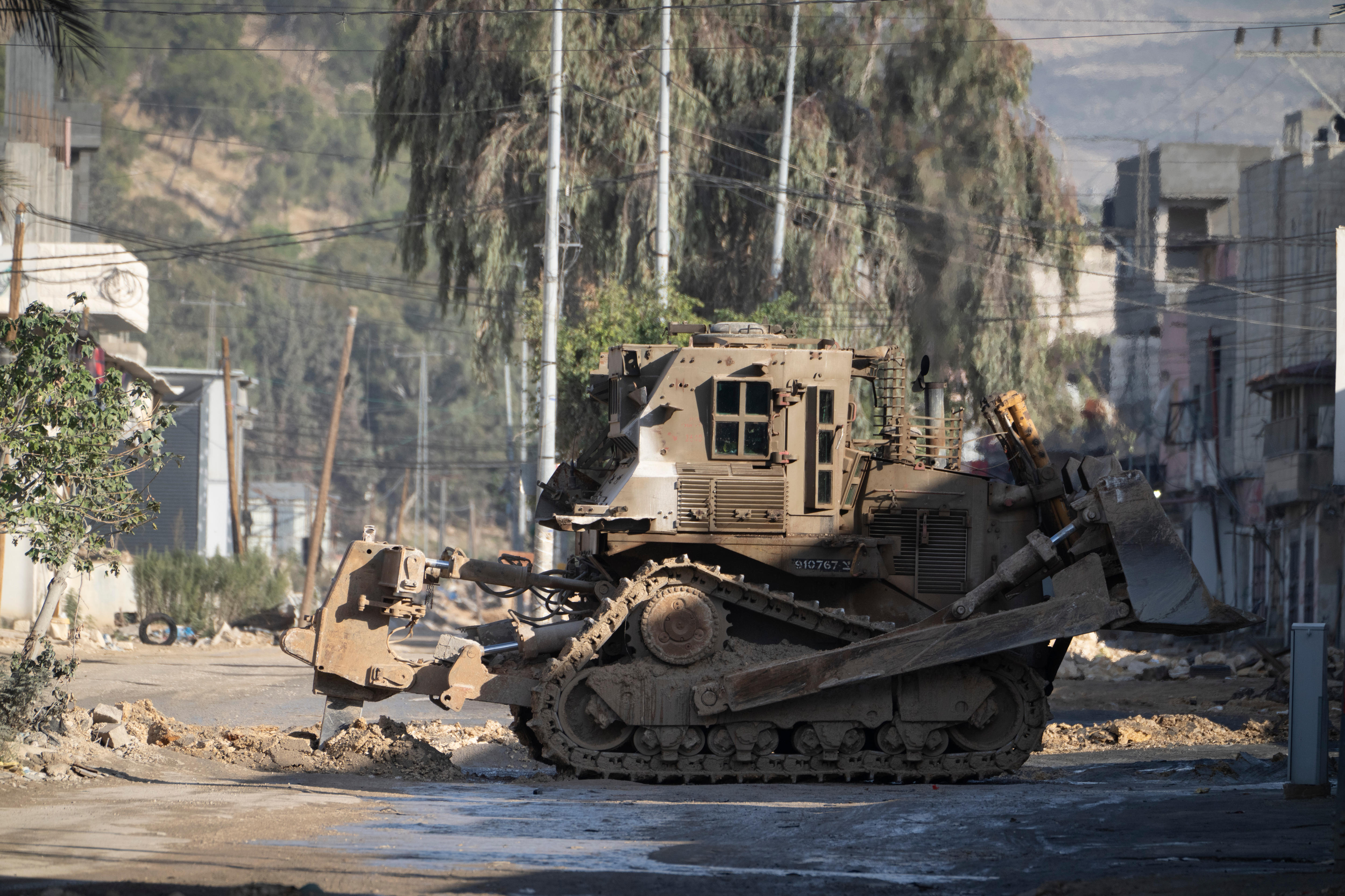 A bulldozer in a street