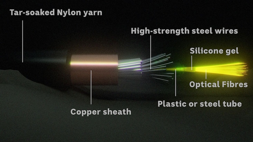 A diagram showing the make-up of an undersea cable.
