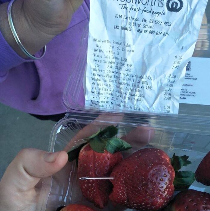 Facebook post purportedly showing strawberry with a needle, Rosny Park, Tasmania.