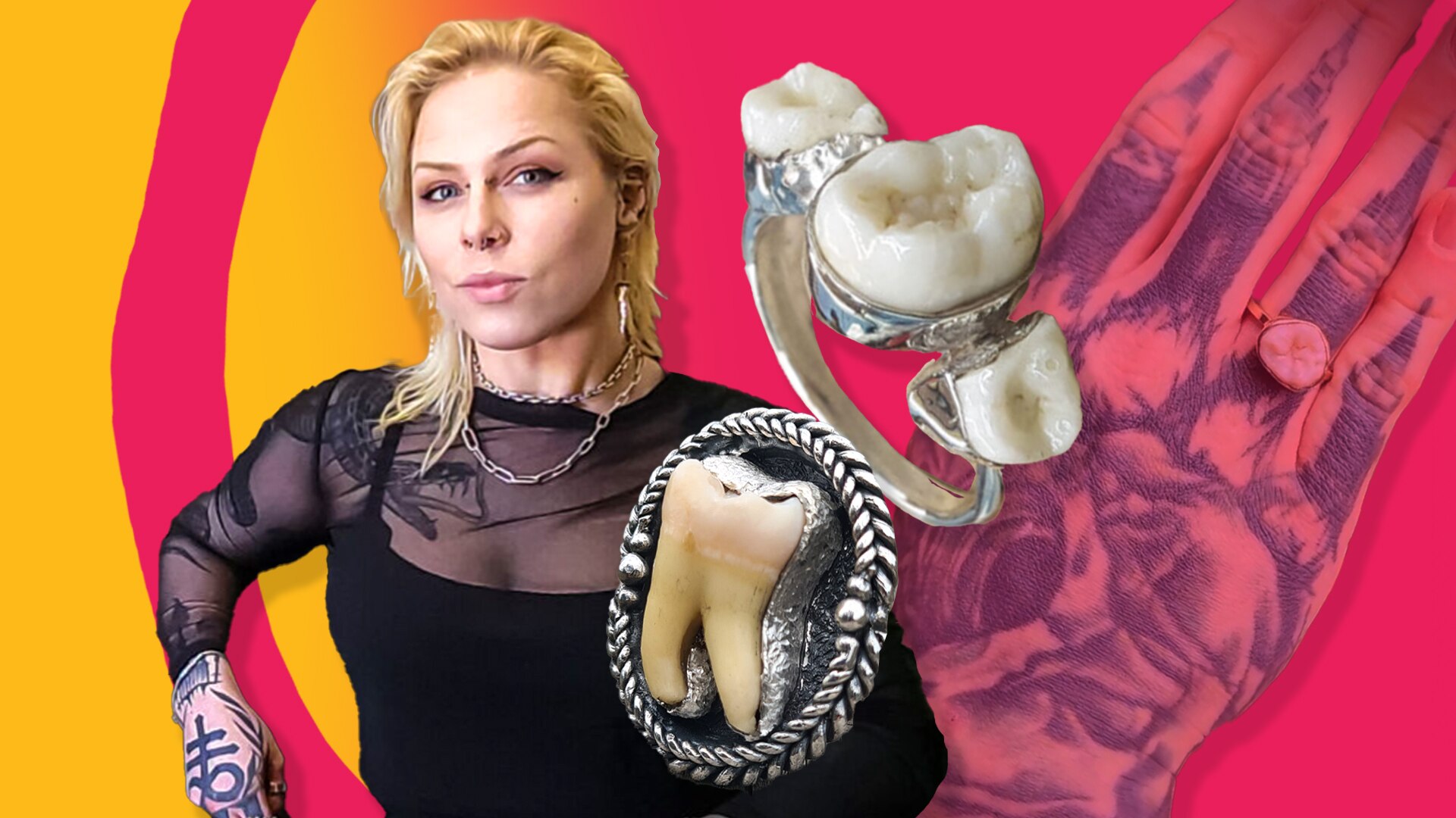 A woman in black clothing smiles with two pieces of jewelley made from teeth on display.