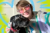 Alex Creece and her black dog Ziggy with a colourful graphic treatment