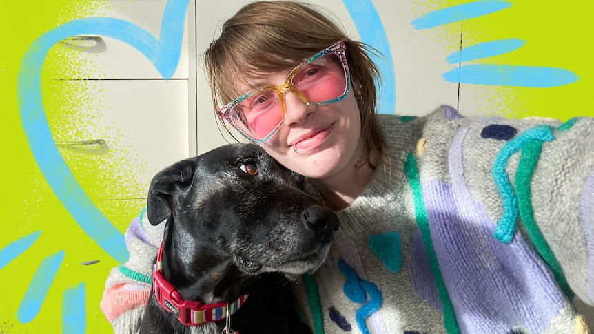 Alex Creece and her black dog Ziggy with a colourful graphic treatment