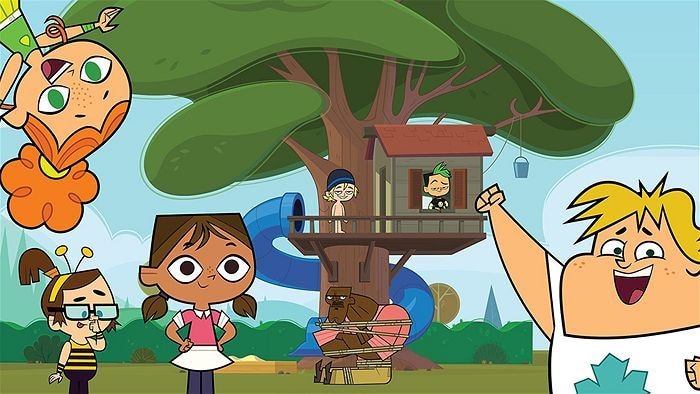 Animated child characters standing around a tree, with one tied to the tree