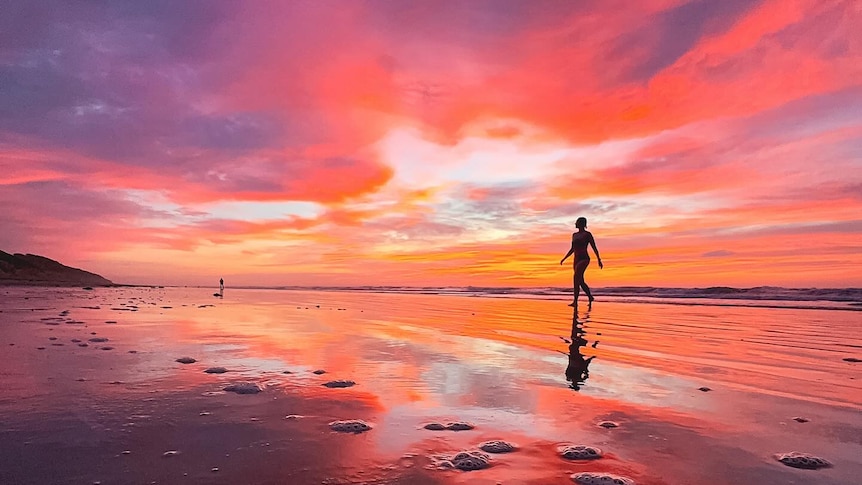 A silhouette figure walks at the ocean's edge as the water reflects a glorious rose and gold sunset. 