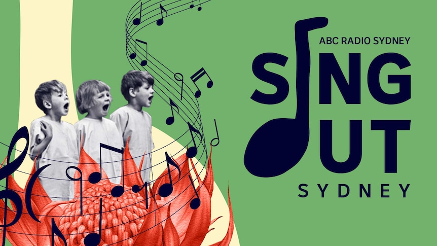 Sing Out Sydney hero artwork: title text, three children singing, music notes and a waratah
