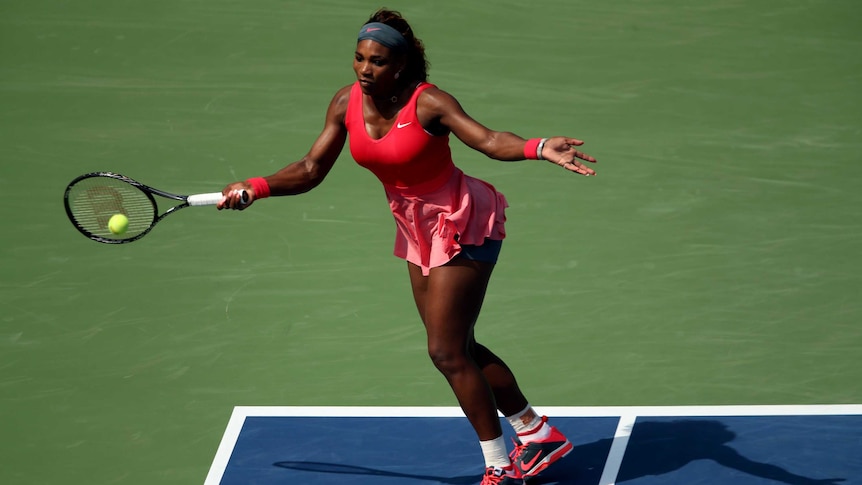 Serena Williams plays a forehand in her second round US Open win over Kazakhstan's Galina Voskoboeva.