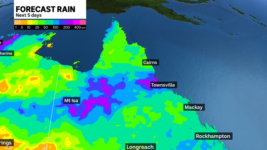 Infrared map showing the rain forecast for the next five days in north Queensland.