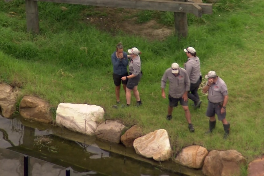 Several people standing near a pond.