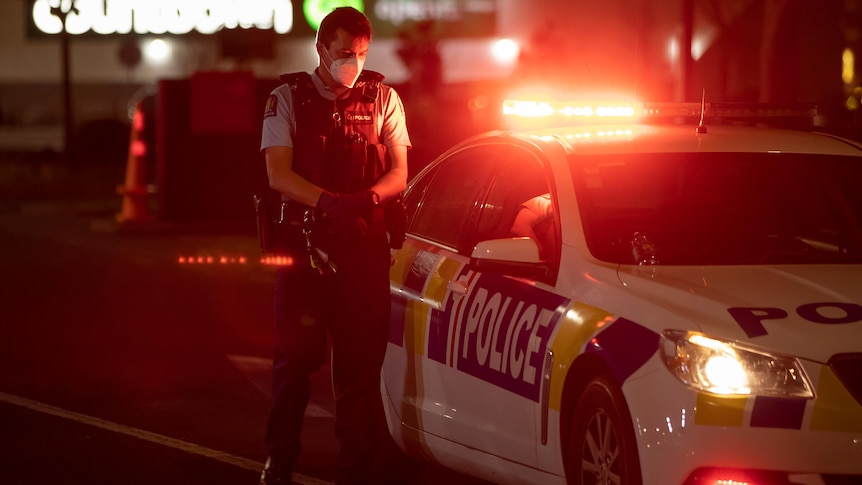 A police officer stands by a lit up police car at night 