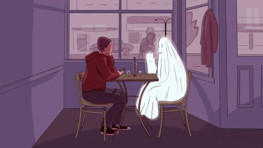 A person sitting down at a chair and table on a date and across from them is a ghost