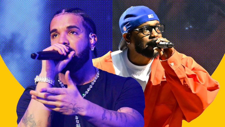 A composite image of the rappers Kendrick and Drake both rapping into microphones.