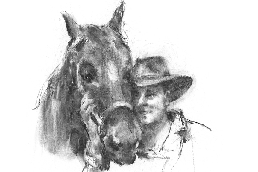 Charcoal illustration of a horse with a man touching the horse’s face.