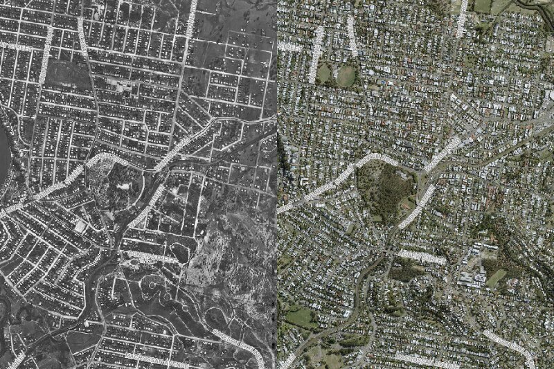 an aerial map of Brisbane comparing it in 1946 and 2021