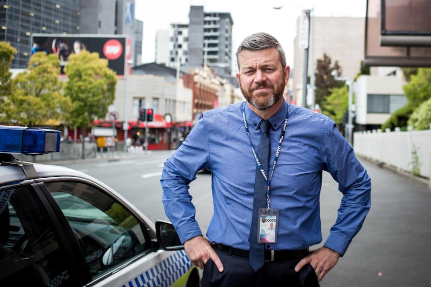 Detective Inspector Colin Riley of Tasmania’s southern Drug Investigation Services stands outside the City Police Station.