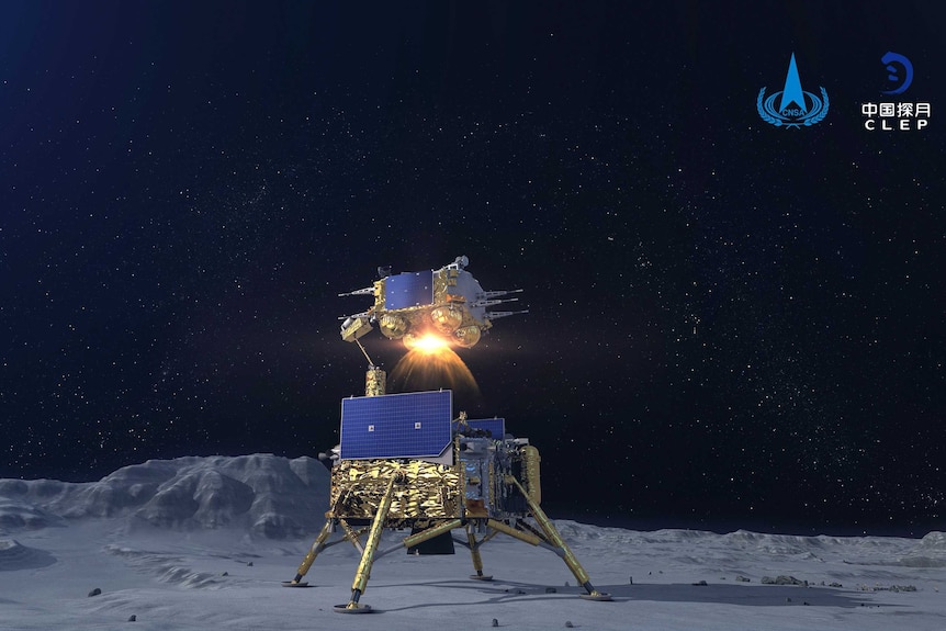 A simulated image of the ascender of Chang'e-5 spacecraft blasting off from the lunar surface.