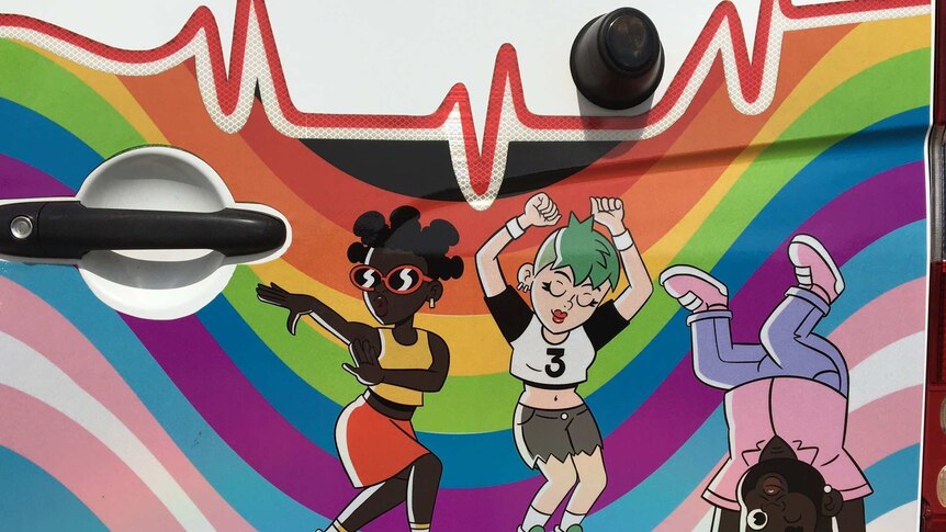 A rainbow covers a door, with a heartbeat symbol above and cartoon people dancing