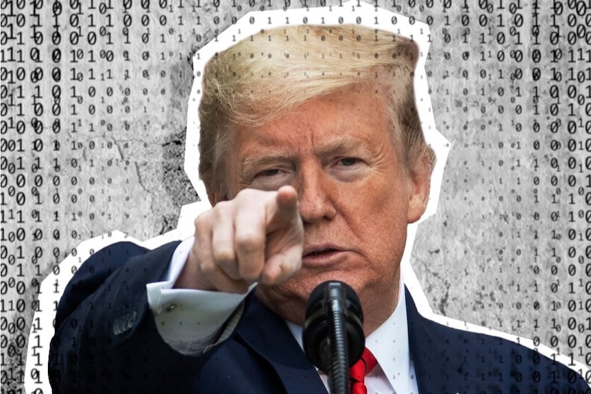 Donald Trump points forward with a backdrop of binary code.