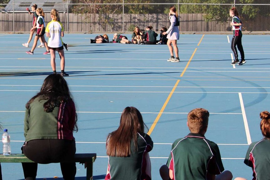 Students on sports court at Clarence High School, Tasmania, 2019.