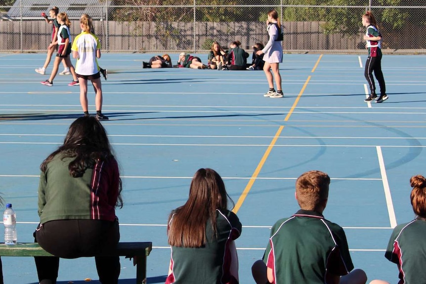 Students on sports court at Clarence High School, Tasmania, 2019.