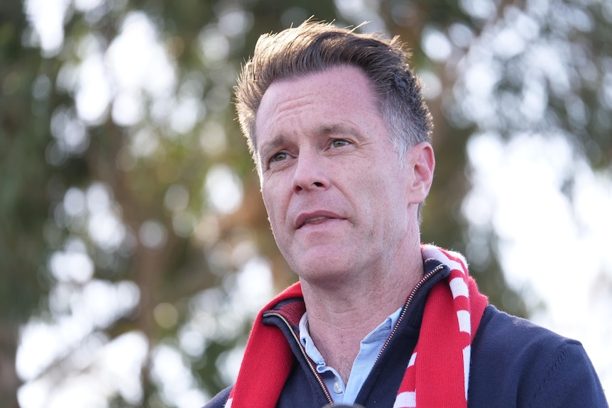 A man looking off to the distance wearing a red and white scarf. 
