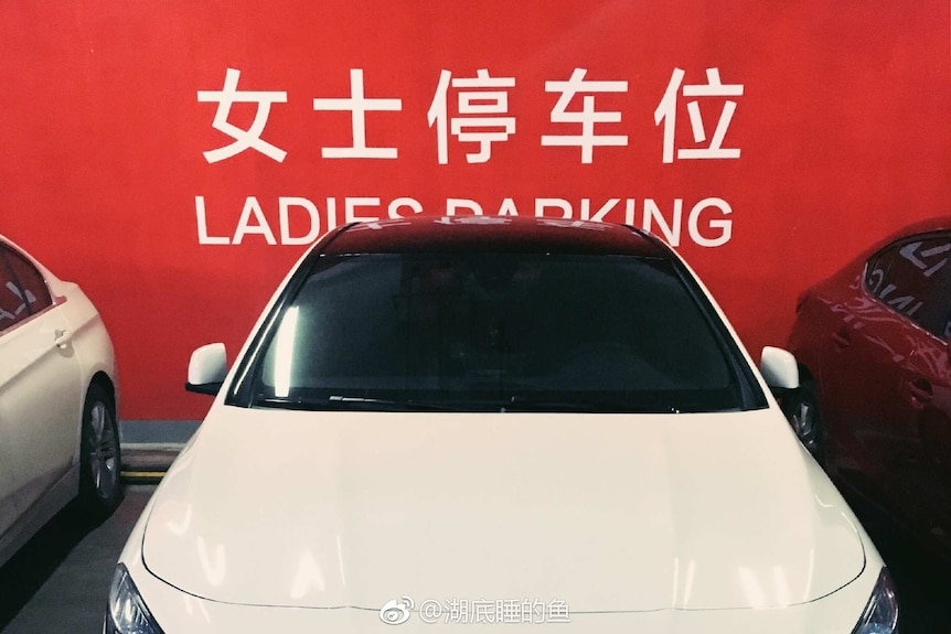 A car parked in a spot marked with "ladies parking" in white characters on a red wall.