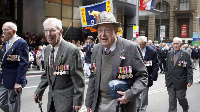 Veterans march in the Anzac Day parade in central Sydney on April 25, 2008