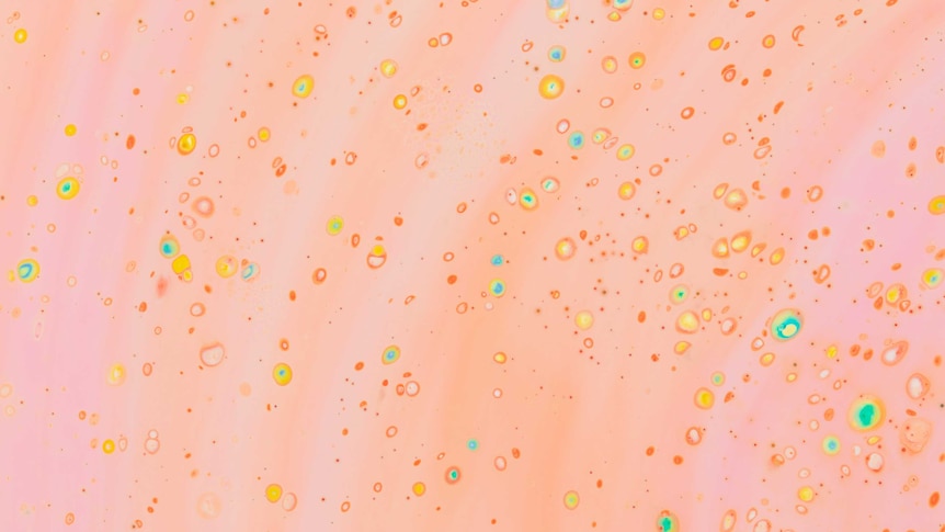 Abstract splotches of colour against a pale pink background