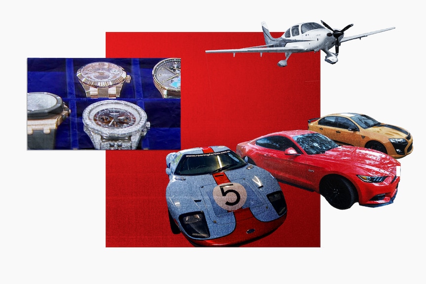 A collage of three sports cars, a small plane, and a collection of expensive-looking watches.