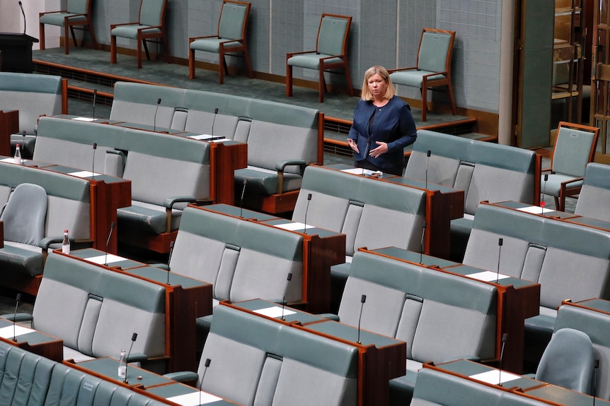 Bridget Archer speaks in the House of Representatives surrounded by empty Coalition chairs
