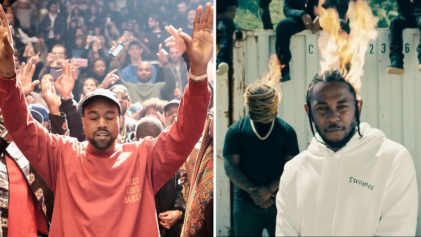 Collage; Kanye West in hat and salmon coloured jumper, praising; Kendrick Lamar with head on fire, white hoodie