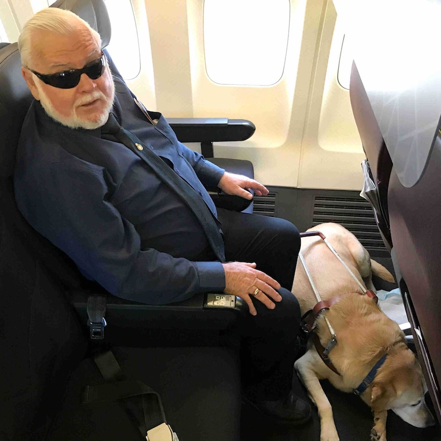 A man and his dog sitting on a plane.