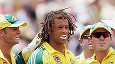 Andrew Symonds is congratulated on the opening wicket for Australia