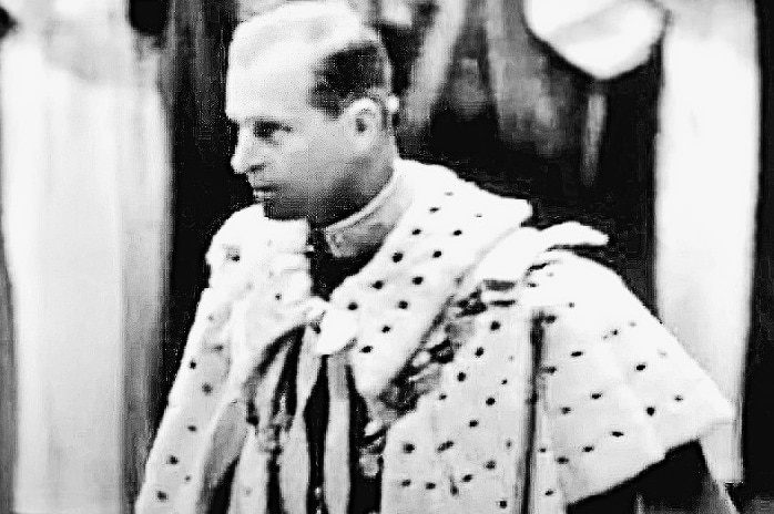 A still of Prince Philip at the coronation of Queen Elizabeth II at Westminster Abbey on June 2, 1945.
